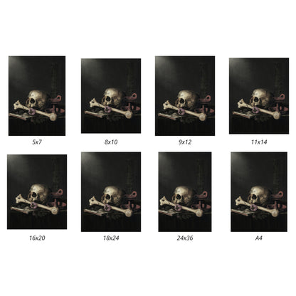 Set of images showing Vanitas by Joost Ferdinandes in various size variations for print purposes.