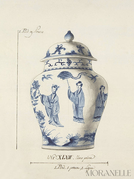 Decorative blue and white vase with figures on a beige background.