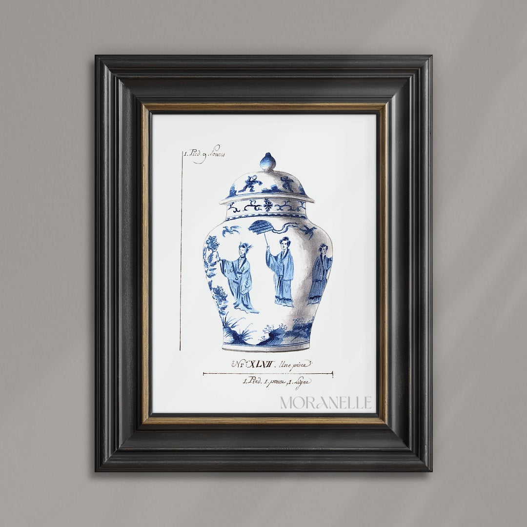 Decorative blue and white vase with figures on a antique white background.