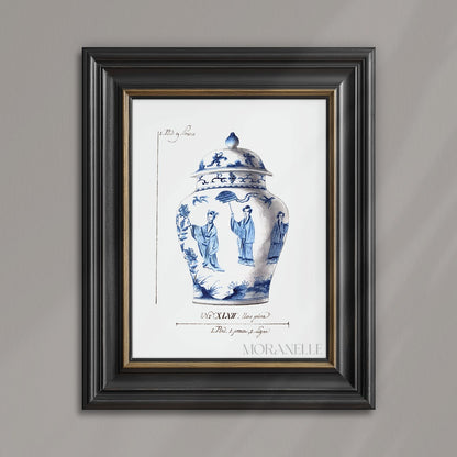 Decorative blue and white vase with figures on a antique white background.