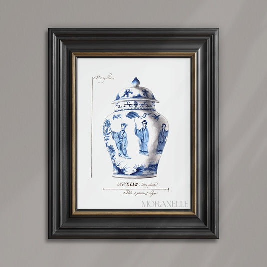 Decorative blue and white vase with figures on a antique white background.