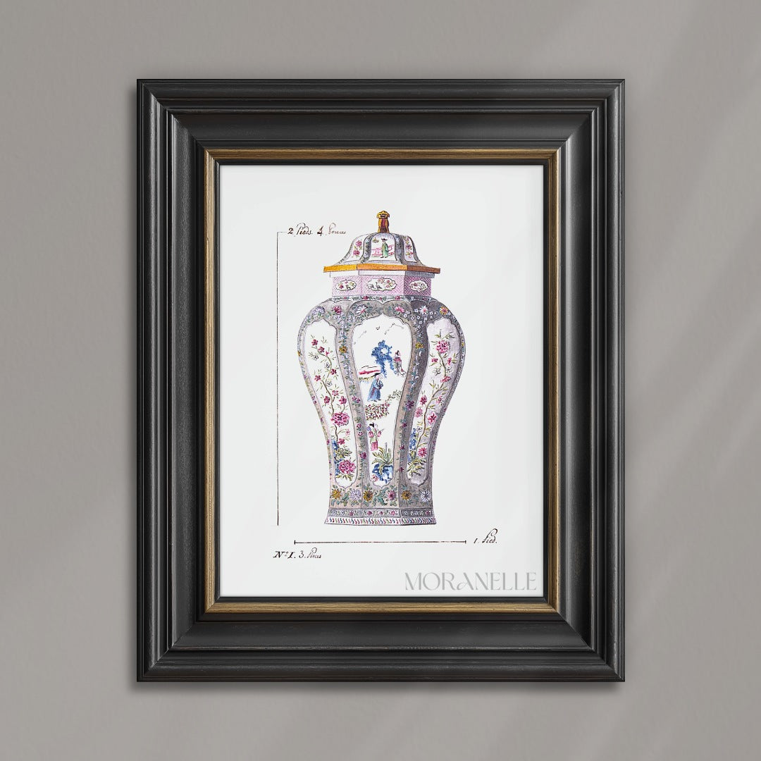Decorative vase with floral and figure designs on a antique white background.