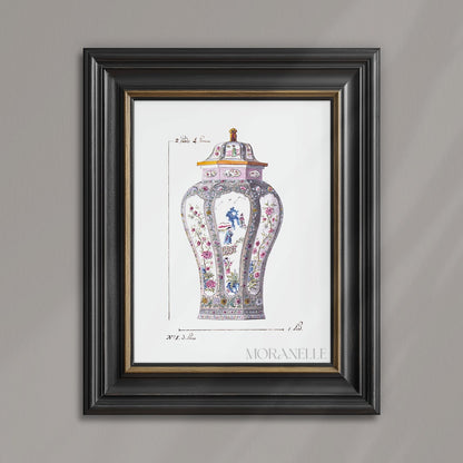 Decorative vase with floral and figure designs on a antique white background.