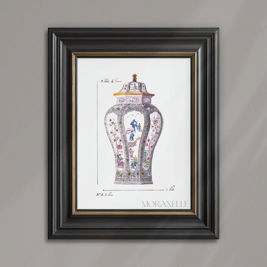 Decorative vase with floral and figure designs on a antique white background.