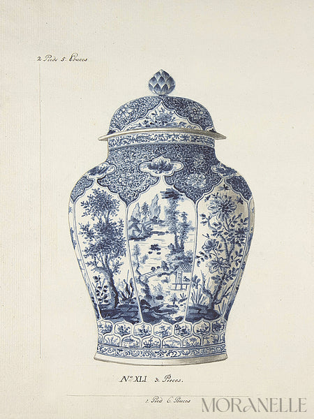 Decorative blue and white vase with lid on a beige background.