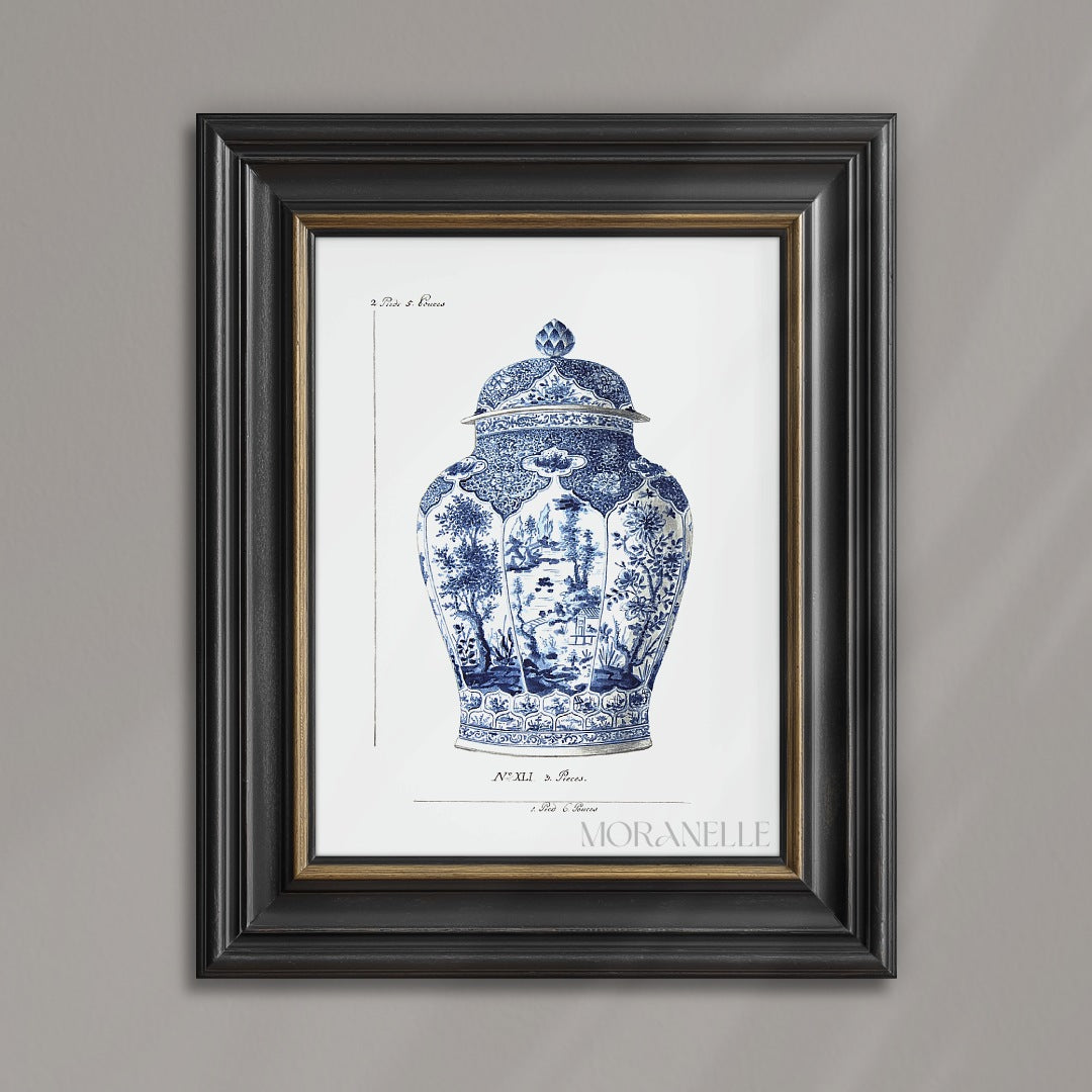 Decorative blue and white vase with lid on an antique white background.