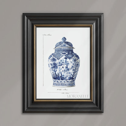 Decorative blue and white vase with lid on an antique white background.