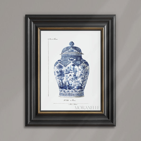 Decorative blue and white vase with lid on an antique white background.