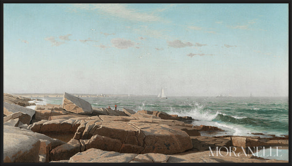 Coastal Rock Painting featuring rocky shorelines and distant sailboats under a clear sky.