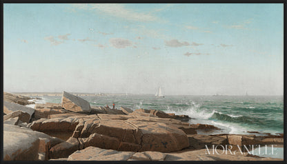 Coastal Rock Painting featuring rocky shorelines and distant sailboats under a clear sky.