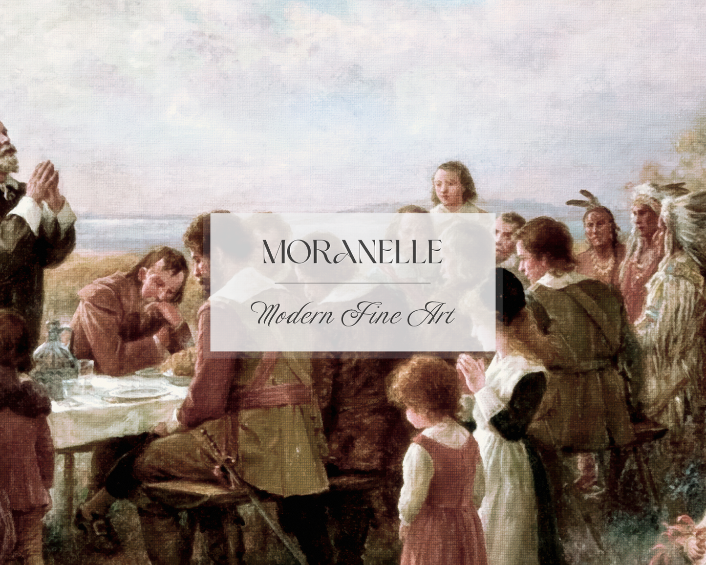 Jennie Augusta Brownscombe, The first thanksgiving at Plymouth - close-up view highlighting texture, brushwork, and fine details of the painting.