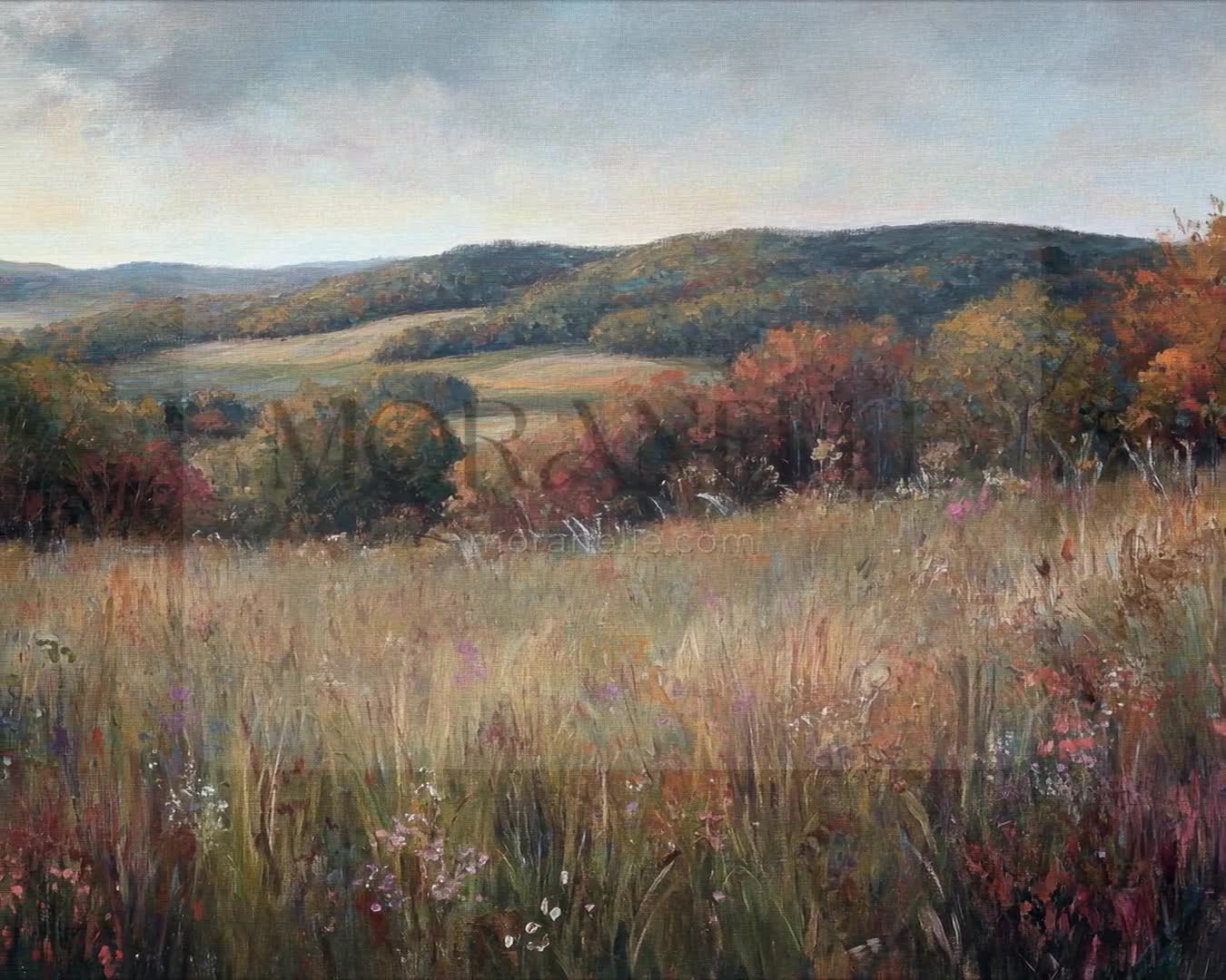 Video of painting of open fields with trees.