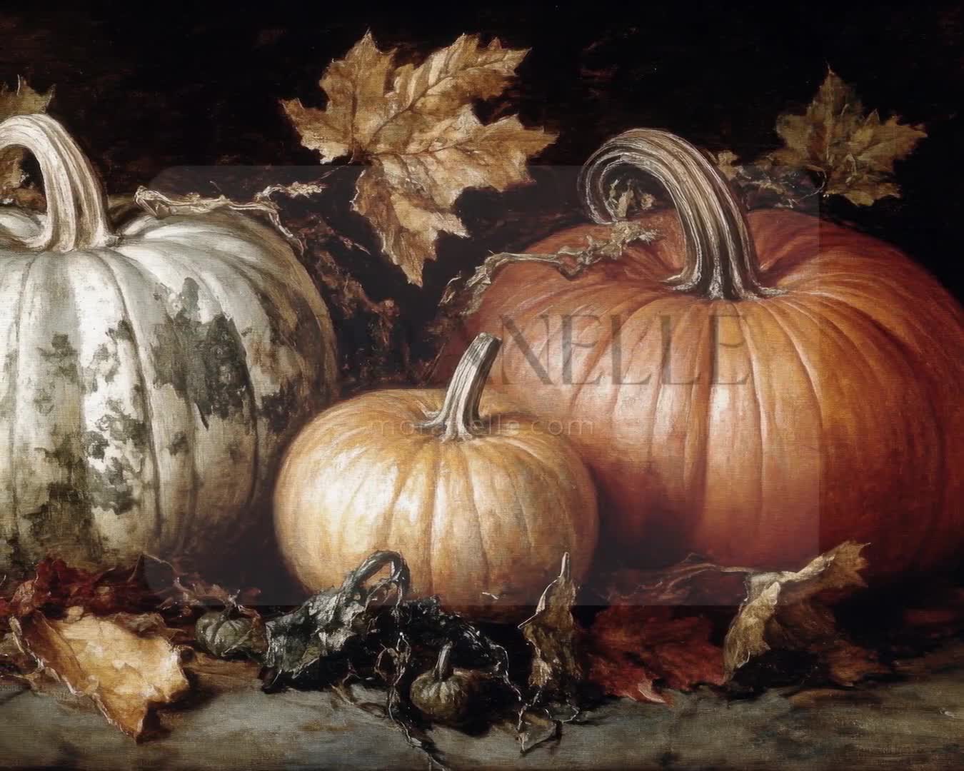 Slow RTL slide of the Autumn Pumpkins Painting showcasing the pumpkins and leaves.