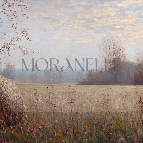 Slow slide of the autumn landscape painting showing the hay bale and distant scenery.