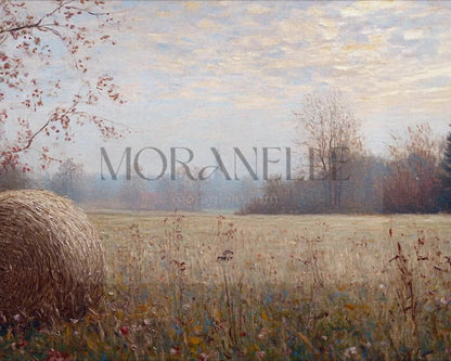 Slow slide of the autumn landscape painting showing the hay bale and distant scenery.