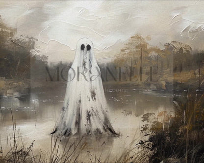 Slow slide of the Ghostly Landscape Painting showcasing the serene yet eerie scene.