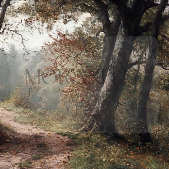 Slow slide revealing the tranquil forest path with trees and autumn colors.