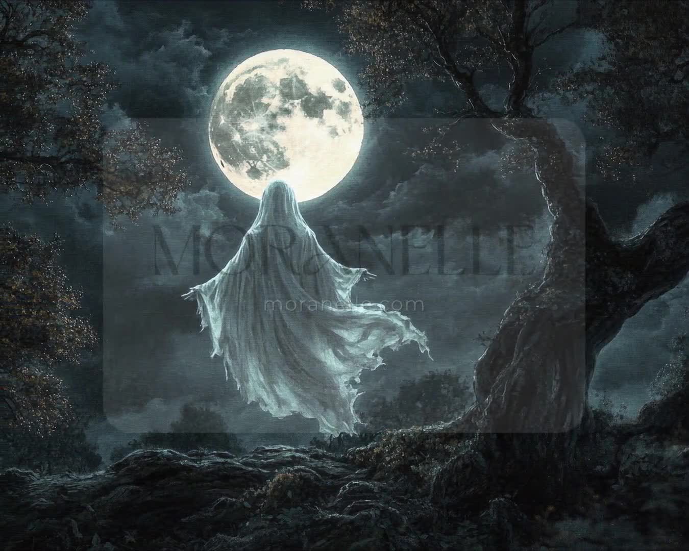 Slow RTL slide showcasing the ghostly figure and the glowing moon.