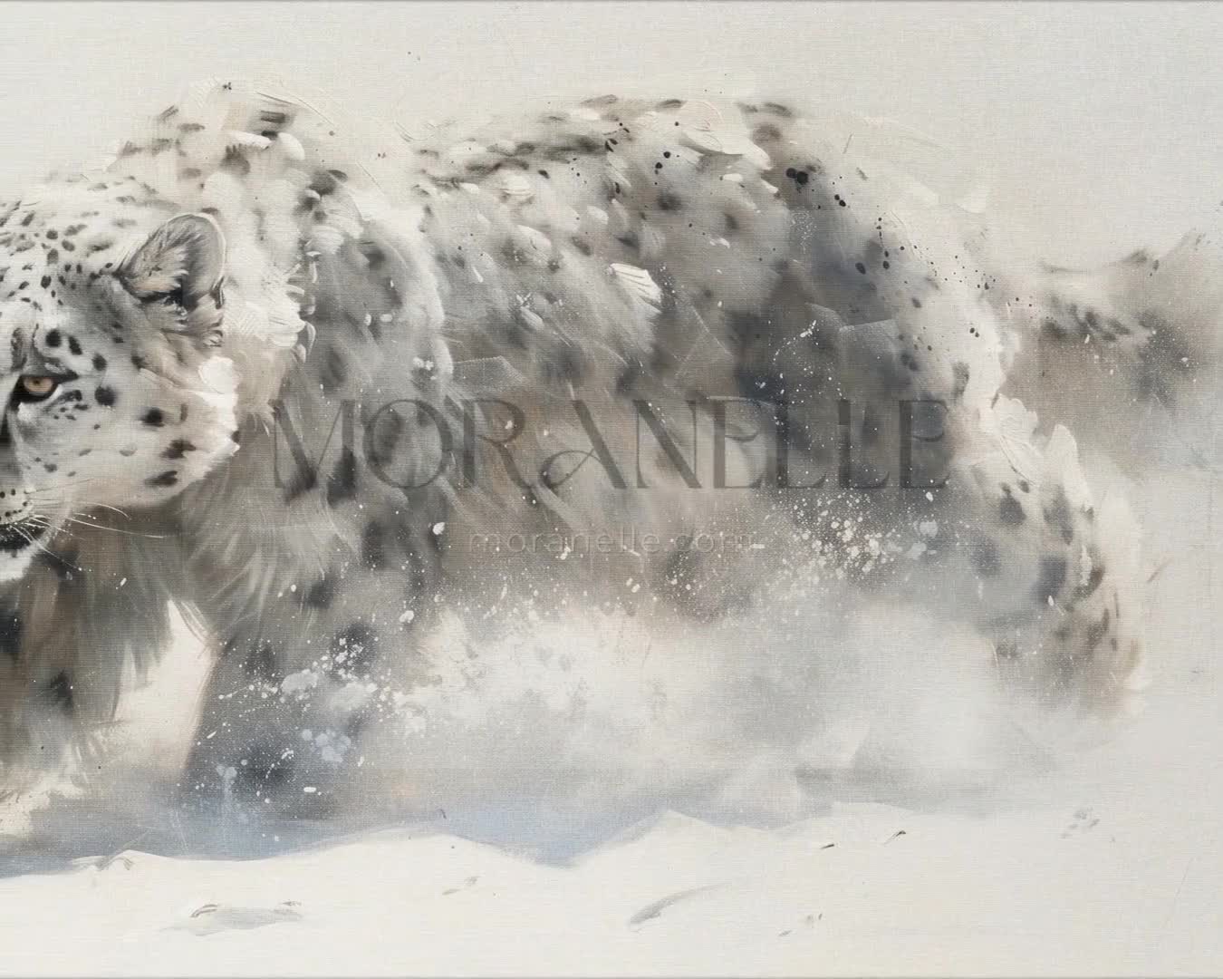 Slow RTL slide of the snow leopard painting, highlighting its dynamic movement.