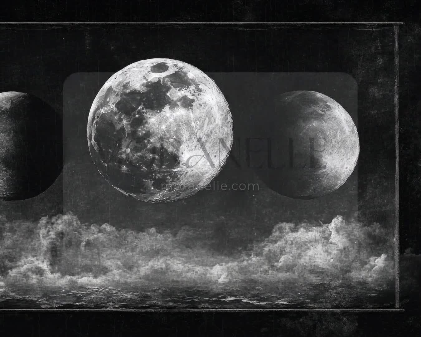 Slow RTL slide showcasing the celestial scene of three moons and clouds.