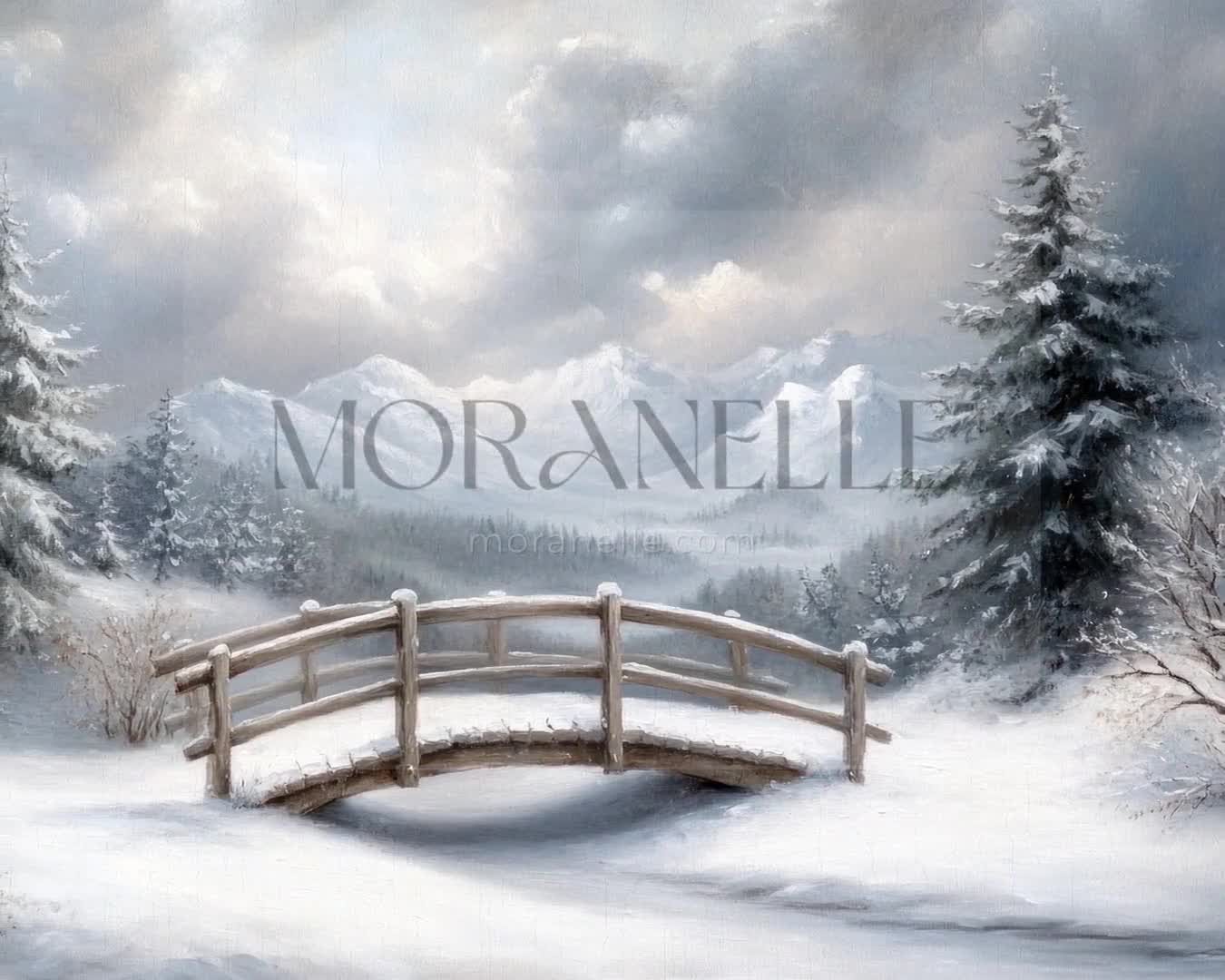 Slow slide of the winter landscape painting showcasing the serene scene.