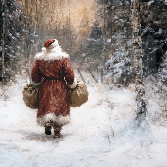 Slow slide of Santa walking through a snowy forest, showcasing the serene scene.