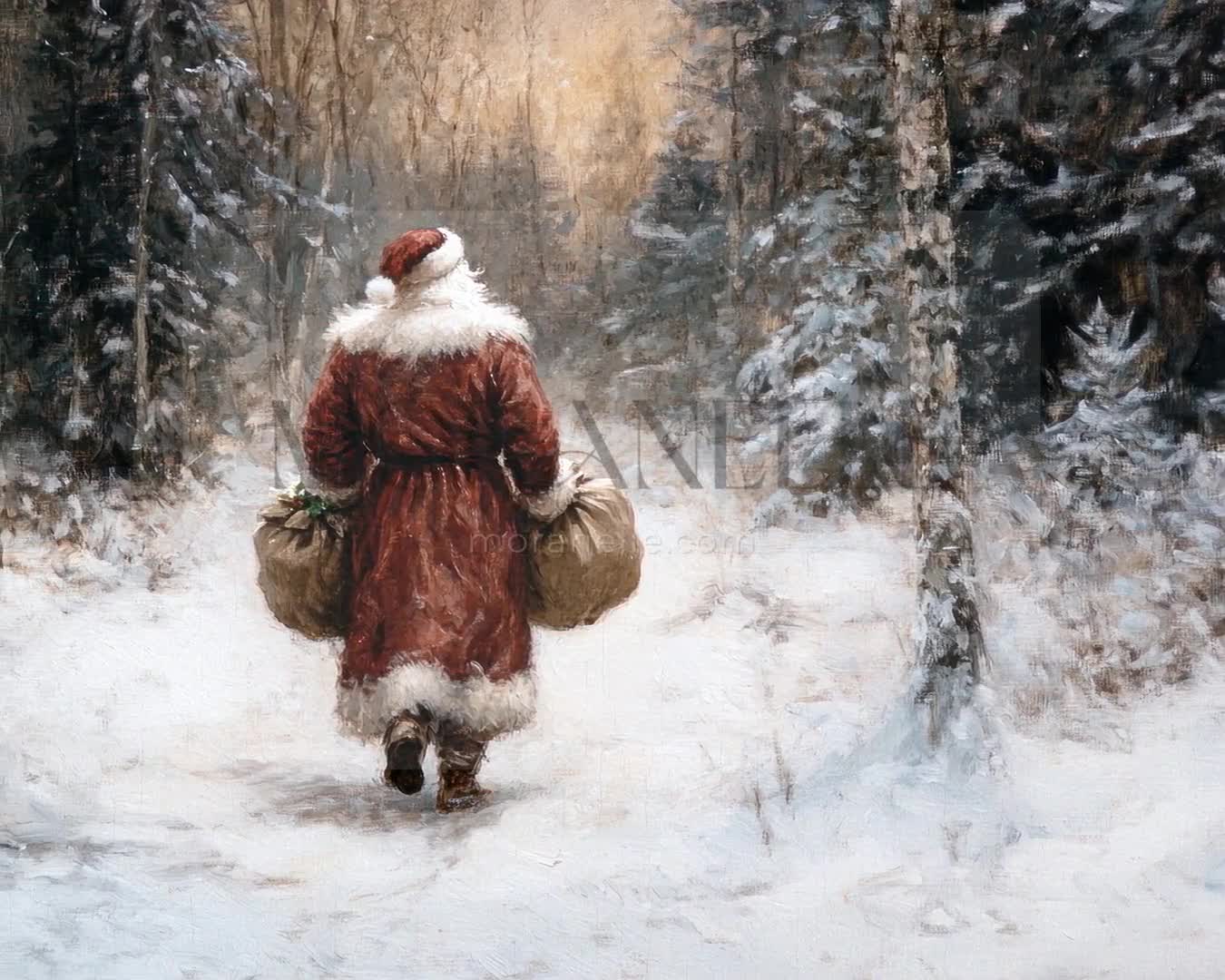 Slow slide of Santa walking through a snowy forest, showcasing the serene scene.
