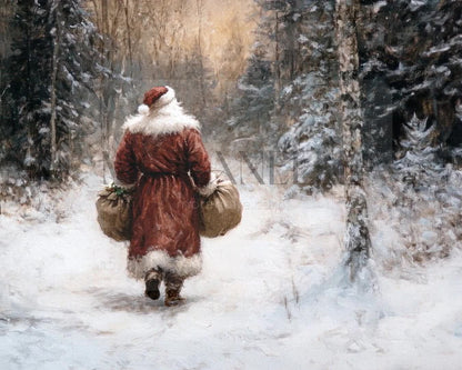 Slow slide of Santa walking through a snowy forest, showcasing the serene scene.