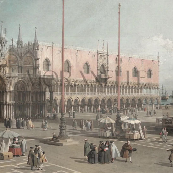 Slow slide of the Venetian square scene showcasing architecture and market life.