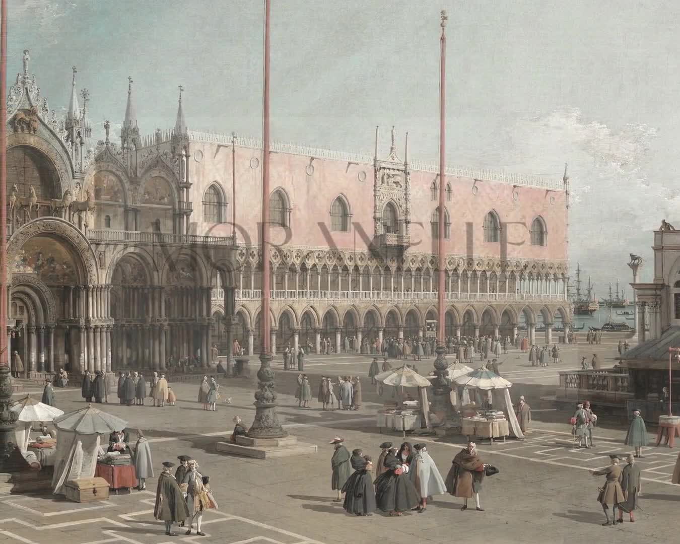 Slow slide of the Venetian square scene showcasing architecture and market life.