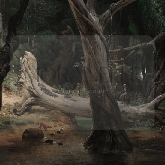 Slow slide of the forest scene painting, showcasing the serene landscape and trees.
