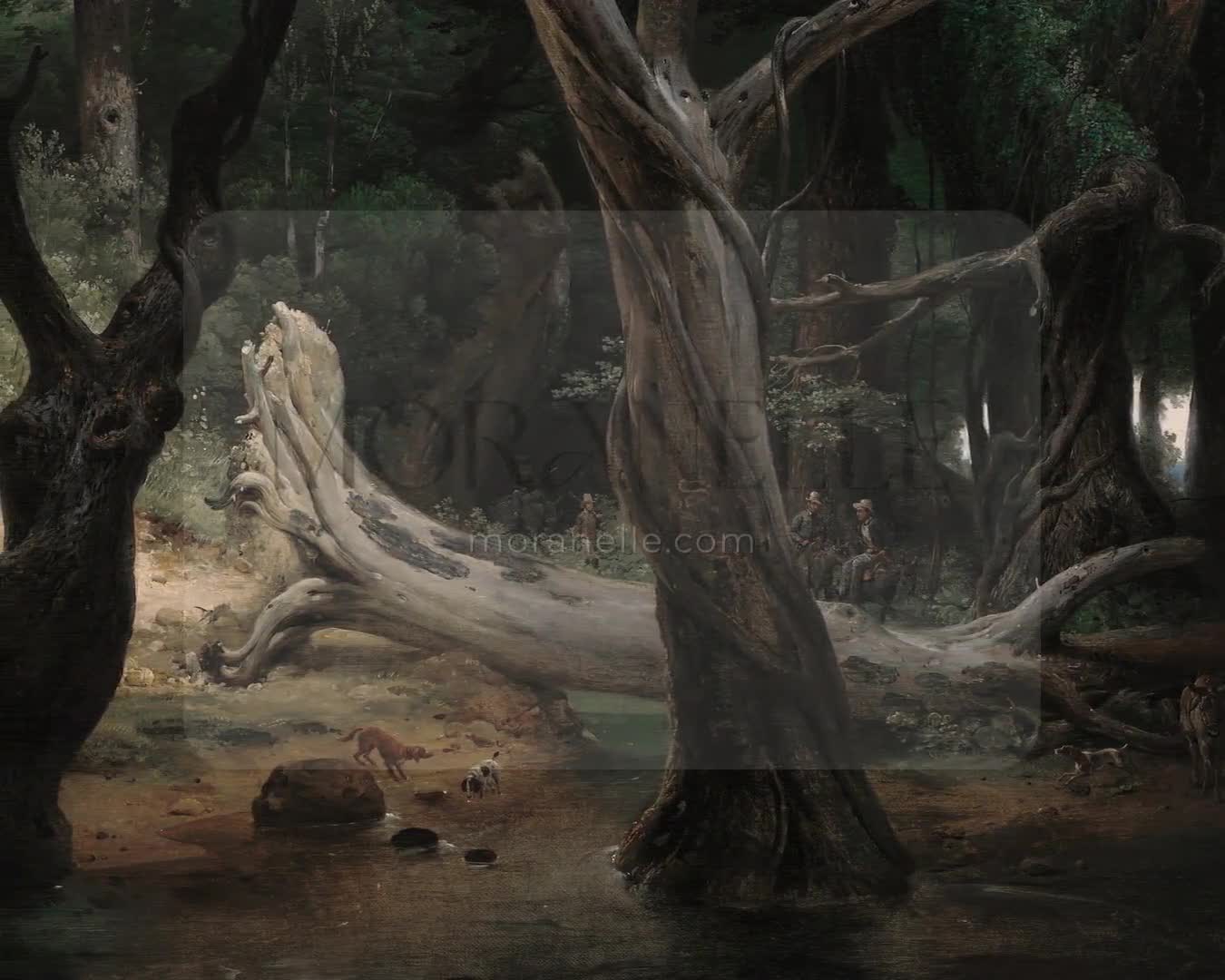 Slow slide of the forest scene painting, showcasing the serene landscape and trees.