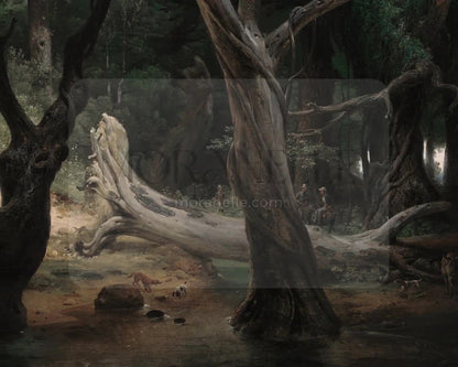 Slow slide of the forest scene painting, showcasing the serene landscape and trees.