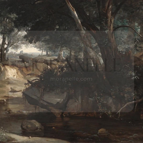 Slow slide of the painting showing the girl reading by the stream in a serene forest.
