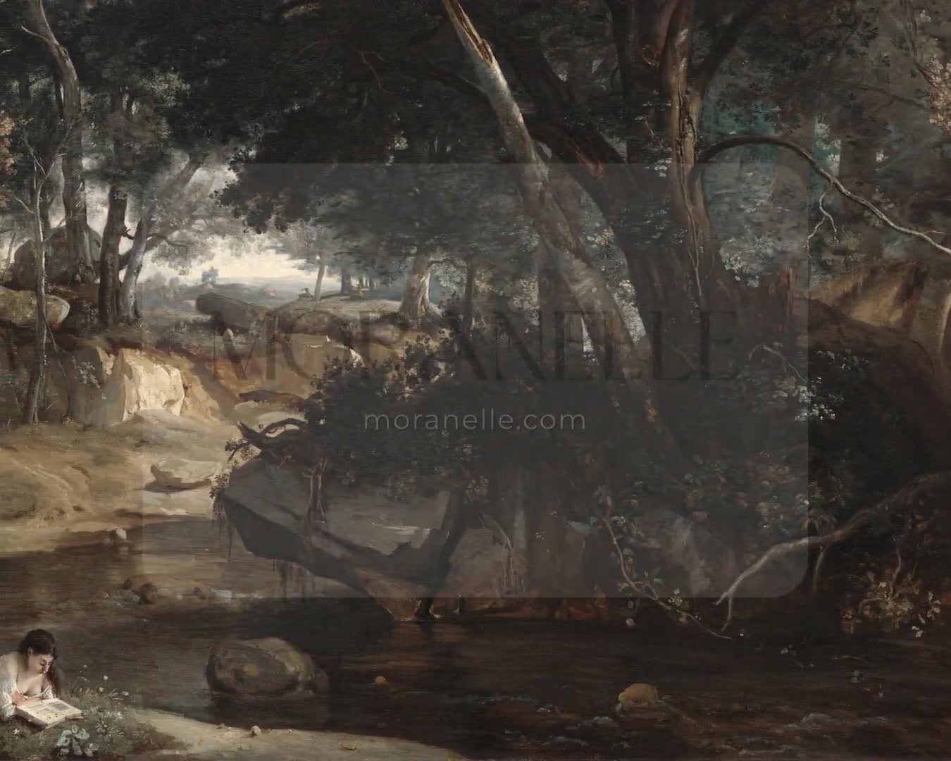 Slow slide of the painting showing the girl reading by the stream in a serene forest.