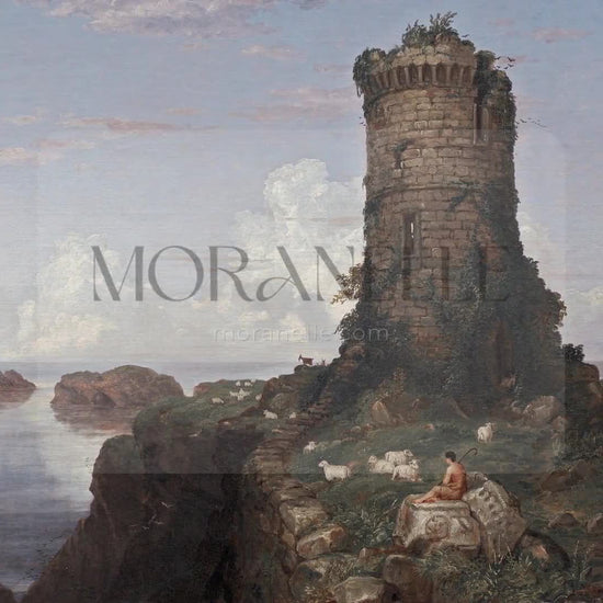 Slow slide of the coastal scene with the tower and serene ocean view.
