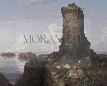 Slow slide of the coastal scene with the tower and serene ocean view.