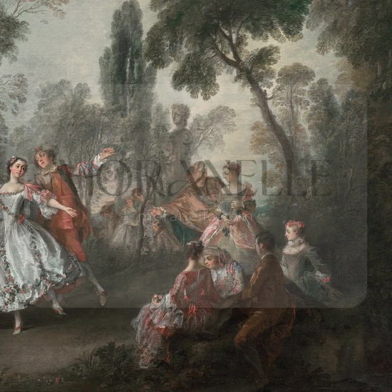 Slow slide of the Dance in the Garden painting, showcasing the lively dance scene.