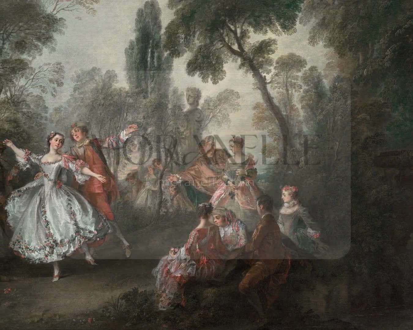 Slow slide of the Dance in the Garden painting, showcasing the lively dance scene.