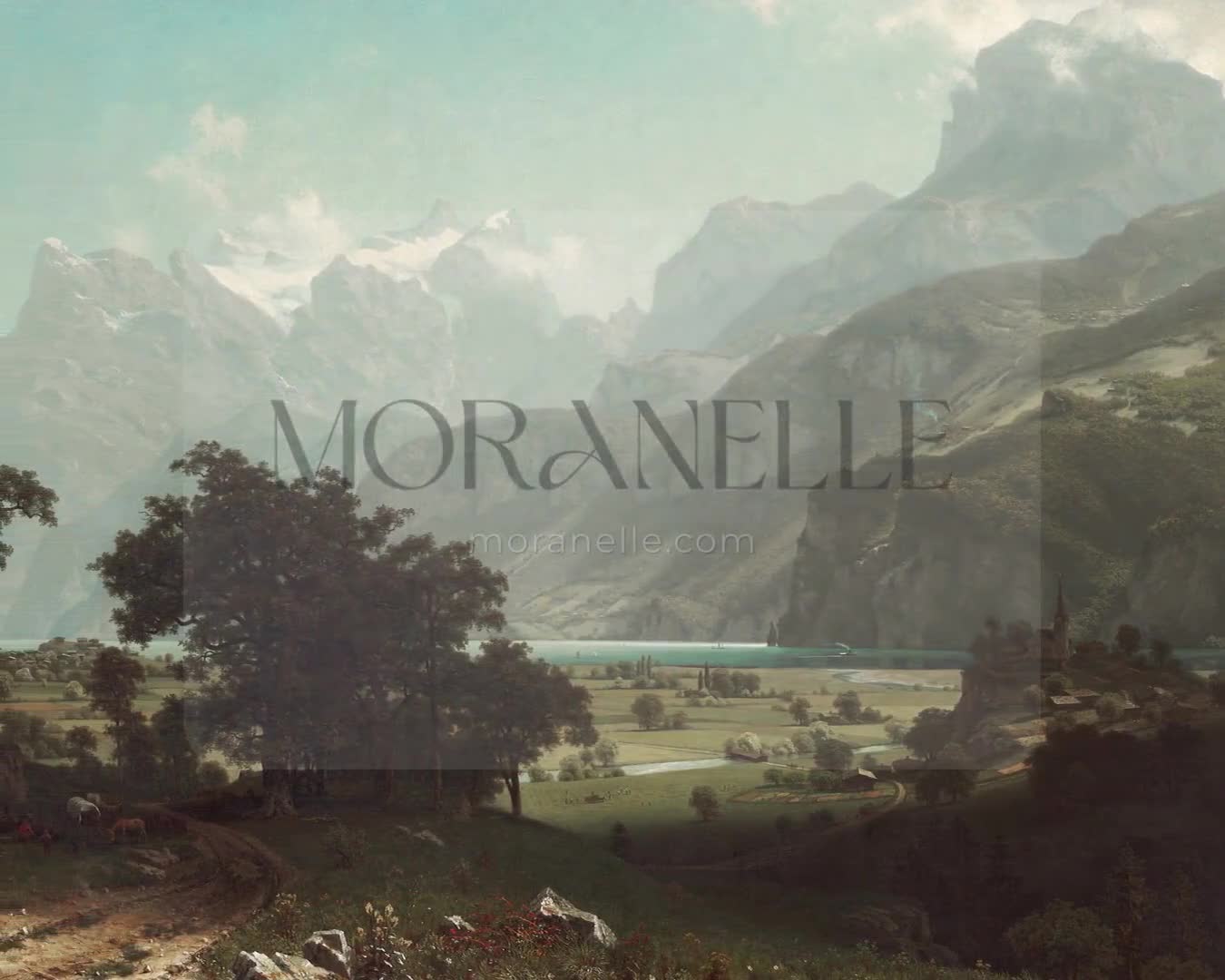 Slow slide of the Mountain Landscape Painting showcasing the serene scenery.