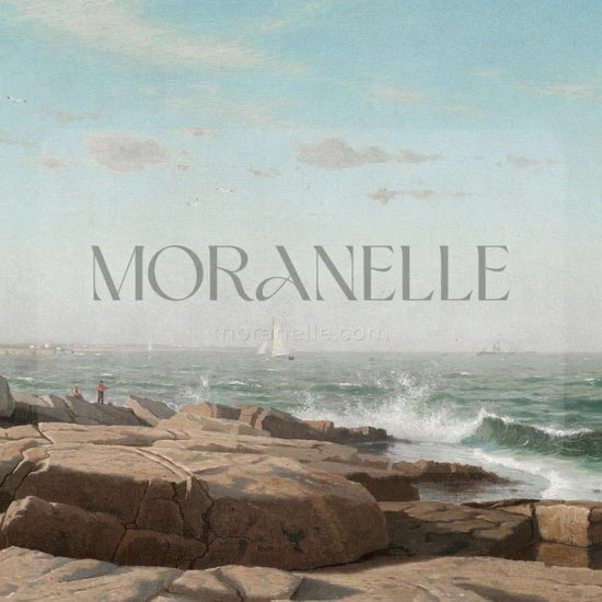Slow slide of the coastal painting showcasing the serene ocean and rocky landscape.