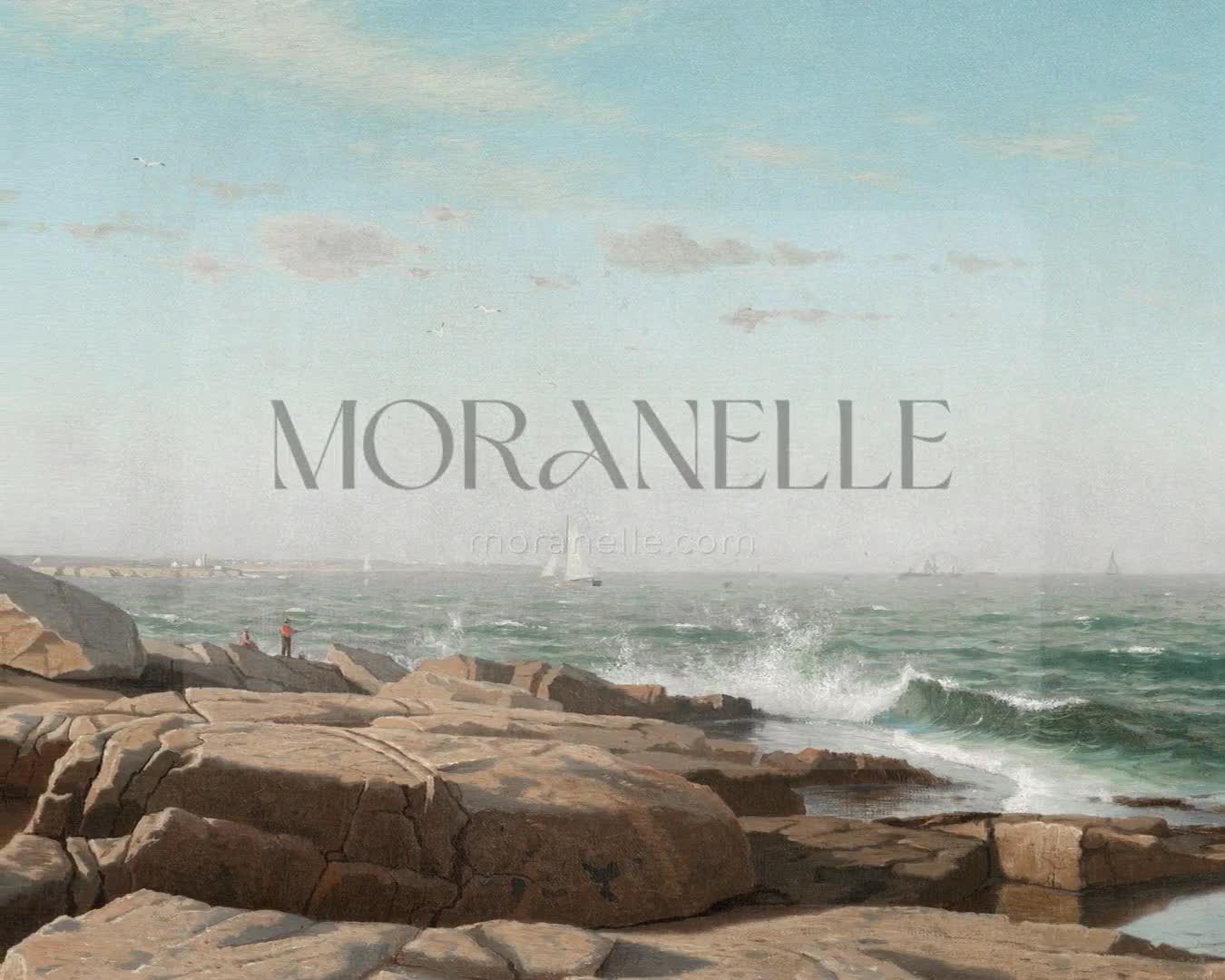 Slow slide of the coastal painting showcasing the serene ocean and rocky landscape.