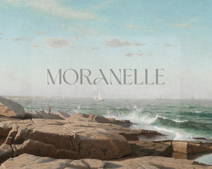 Slow slide of the coastal painting showcasing the serene ocean and rocky landscape.