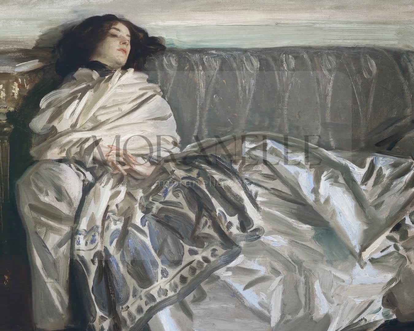 Slow slide showcasing the serene scene of a woman resting on a couch.