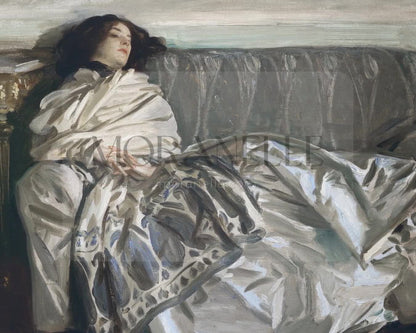 Slow slide showcasing the serene scene of a woman resting on a couch.