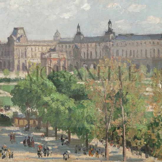 Slow slide of the Louvre Garden Painting showcasing the vibrant colors and detailed scenery.