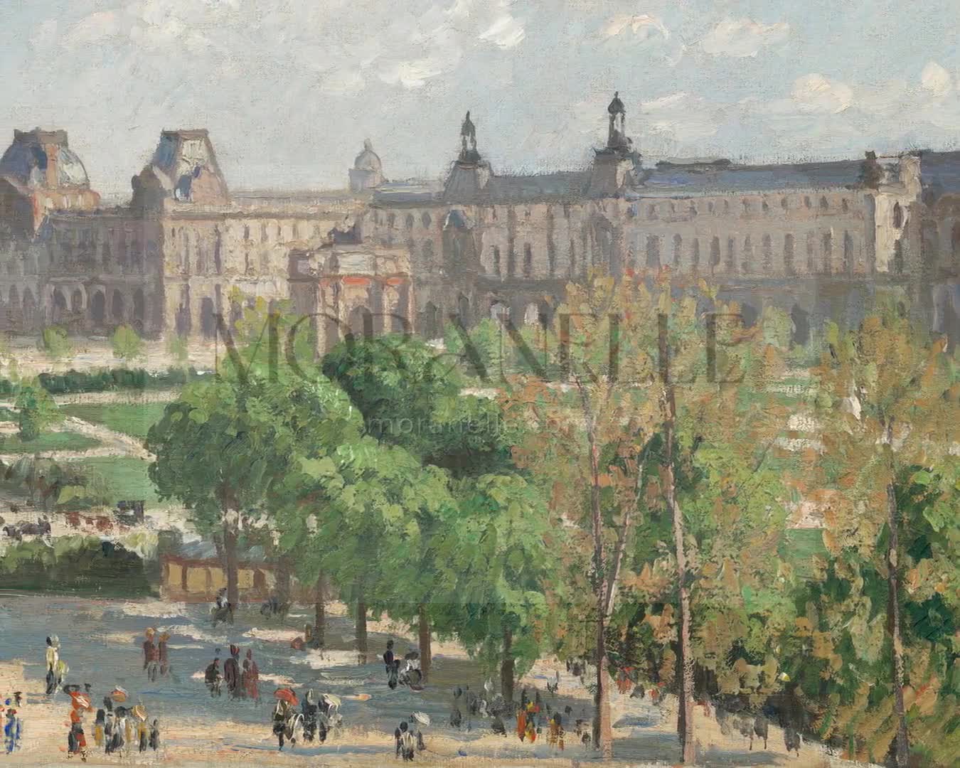 Slow slide of the Louvre Garden Painting showcasing the vibrant colors and detailed scenery.