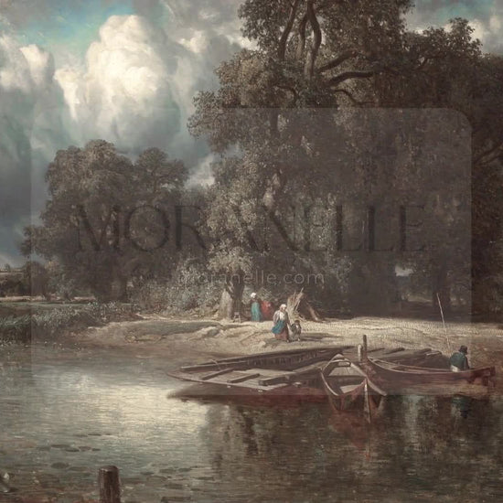Slow slide of the riverside scene painting showcasing the tranquil water and lush surroundings.