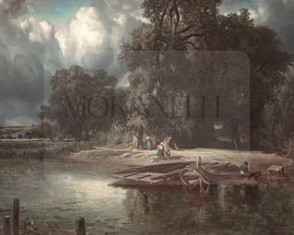 Slow slide of the riverside scene painting showcasing the tranquil water and lush surroundings.