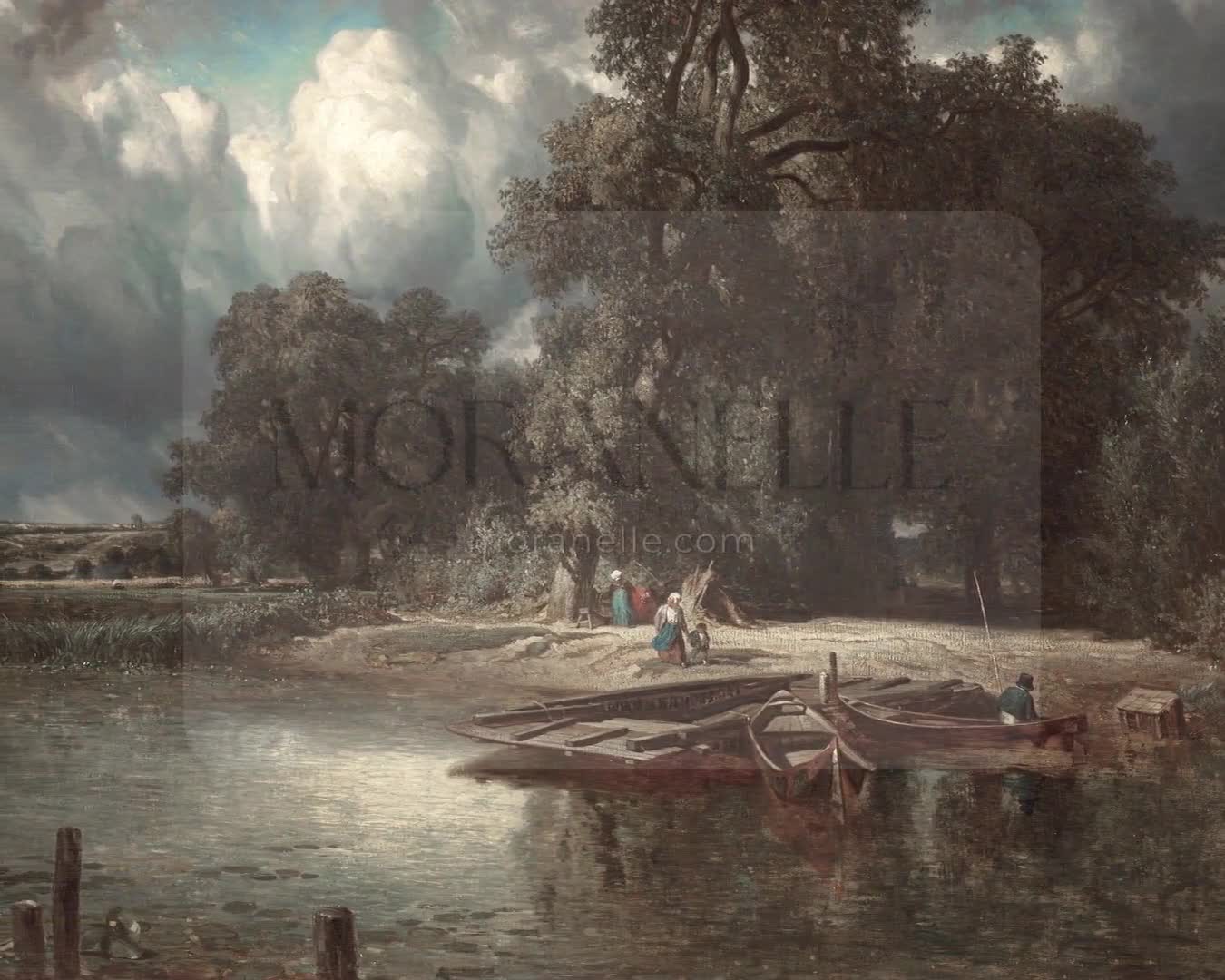 Slow slide of the riverside scene painting showcasing the tranquil water and lush surroundings.